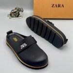 Black Leather Clogs with Yellow Stitching