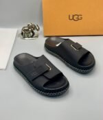 Grey UGG Slide Sandals with Gold Buckle and Stitched Sole - Image 2