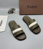 Pedro Brown Leather Slides with Navy Blue and White Stripes - Image 2