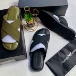 Emporio Armani Inspired Cross Strap Slides in Olive Green and Black