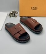 Grey UGG Slide Sandals with Gold Buckle and Stitched Sole - Image 3