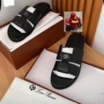 Loro Piana Two-Strap Black Leather Slides with Embroidered Logo