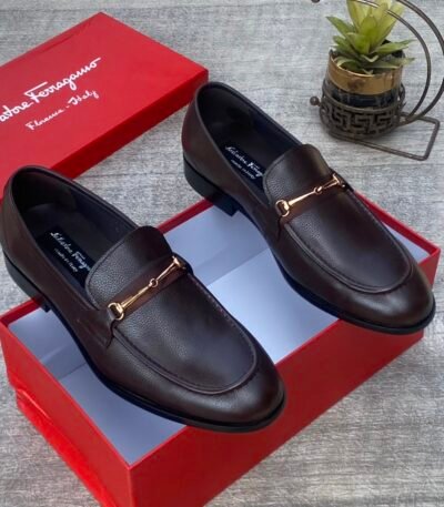 A pair of luxurious dark brown leather loafers with gold accents, displayed on top of a red shoe box.