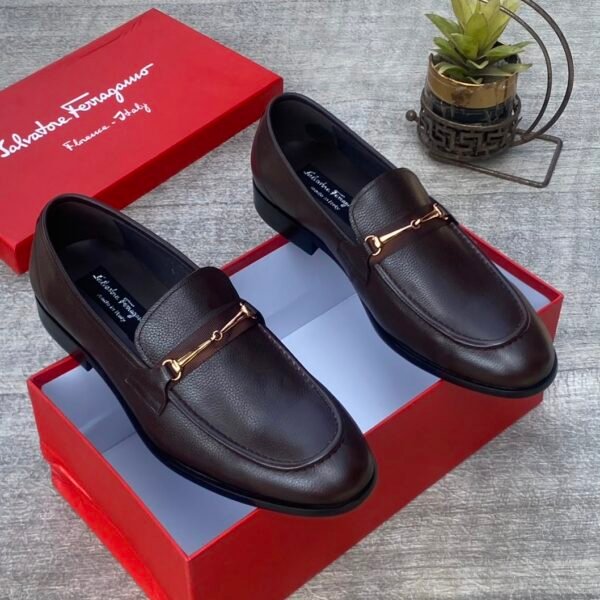 A pair of luxurious dark brown leather loafers with gold accents, displayed on top of a red shoe box.