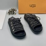 Black Leather UGG Slide Sandals with Silver Laces and Stitching