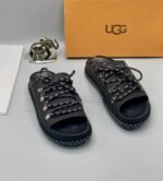 Black Leather UGG Slide Sandals with Silver Laces and Stitching