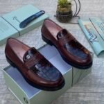 Richwana Brown Leather Loafers with Crocodile Embossed Details