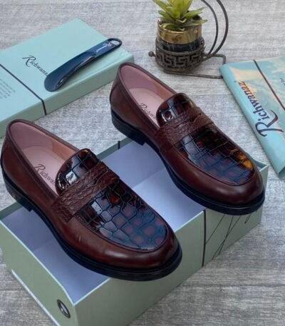 Richwana Brown Leather Loafers with Crocodile Embossed Details