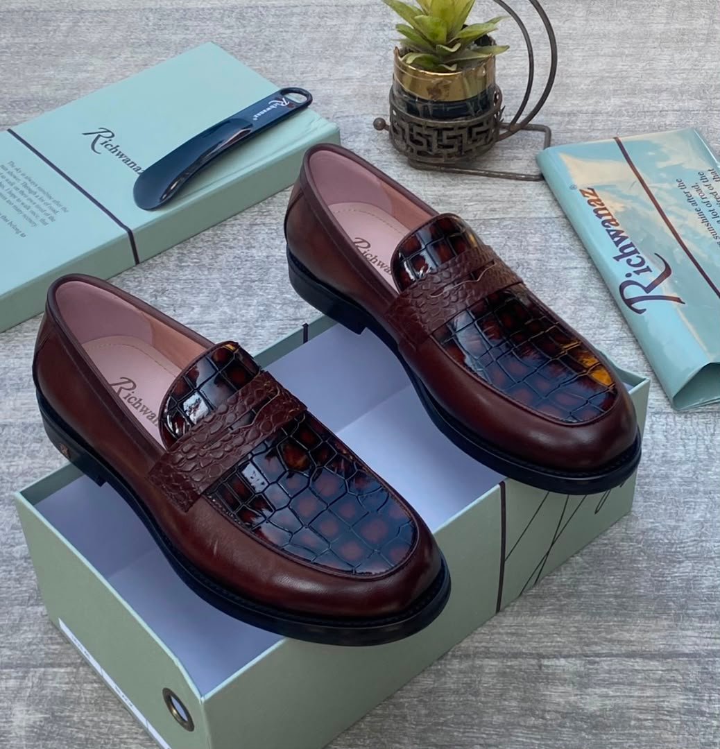 root Richwana Brown Leather Loafers with Crocodile Embossed Details
