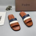 Pedro Brown Leather Slides with Navy Blue and White Stripes