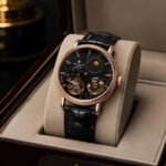 A luxurious Patek Philippe watch with a black face and rose gold casing, displayed on a beige cushion within an open watch box.