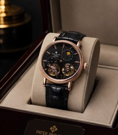 A luxurious Patek Philippe watch with a black face and rose gold casing, displayed on a beige cushion within an open watch box.