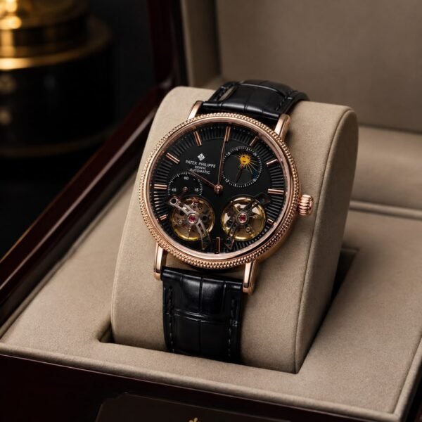 A luxurious Patek Philippe watch with a black face and rose gold casing, displayed on a beige cushion within an open watch box.
