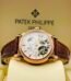 Exquisite Patek Philippe watch with white dial and brown leather strap, showcasing intricate mechanical details.