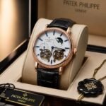 Exquisite Patek Philippe watch with white dial and rose gold case, presented in a luxurious box.