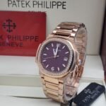 Exquisite Patek Philippe watch with a purple dial and diamond-encrusted bezel, presented in a luxurious box.