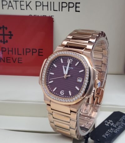 Exquisite Patek Philippe watch with a purple dial and diamond-encrusted bezel, presented in a luxurious box.