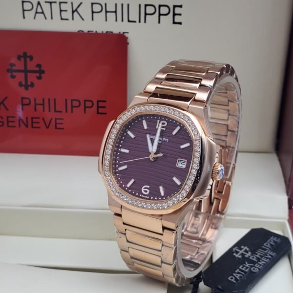 Exquisite Patek Philippe watch with a purple dial and diamond-encrusted bezel, presented in a luxurious box.